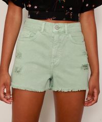 Short-de-Sarja-Feminino-Mom-Cintura-Alta-Destroyed-com-Barra-Desfiada-Verde-Claro-9977017-Verde_Claro_1