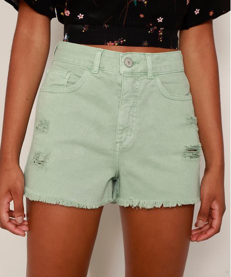 Short-de-Sarja-Feminino-Mom-Cintura-Alta-Destroyed-com-Barra-Desfiada-Verde-Claro-9977017-Verde_Claro_1