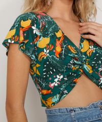 Blusa-Feminina-Cropped-Texturizada-Estampada-de-Arara-com-Torcido-Manga-Curta-Decote-V-Verde-Escuro-9976624-Verde_Escuro_4