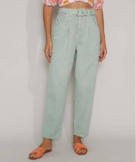 Calca-de-Sarja-Feminina-Baggy-Cintura-Super-Alta-com-Cinto-Verde-Claro-9981899-Verde_Claro_1