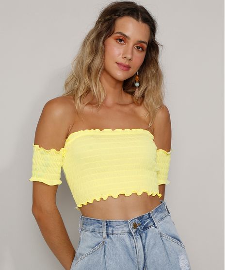 Top-Cropped-Feminino-Ombro-a-Ombro-Texturizado-Manga-Curta-Amarelo-Neon-9982609-Amarelo_Neon_1