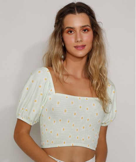 Blusa-Feminina-Cropped-Estampada-de-Margaridas-com-Lastex-Manga-Bufante-Decote-Reto-Verde-Claro-9970688-Verde_Claro_1