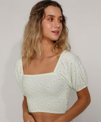 Blusa-Feminina-Cropped-Estampada-de-Margaridas-com-Lastex-Manga-Bufante-Decote-Reto-Verde-Claro-9970688-Verde_Claro_4