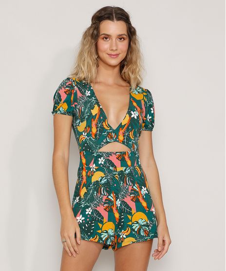 Macaquinho-Feminino-Estampado-de-Arara-com-Vazado-Manga-Curta-Verde-Escuro-9967944-Verde_Escuro_1