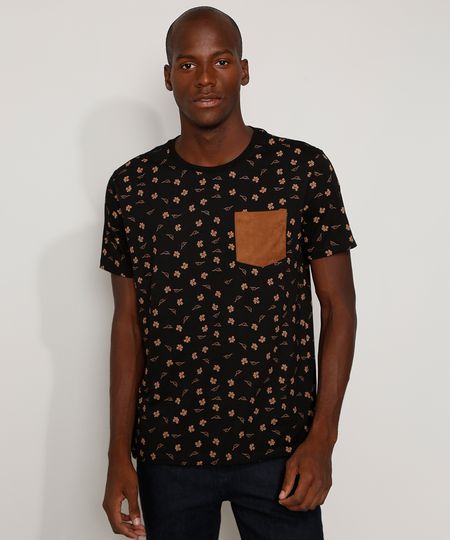 Camiseta-Masculina-Estampada-Floral-com-Bolso-em-Suede-Manga-Curta-Gola-Careca-Preta-9966703-Preto_1