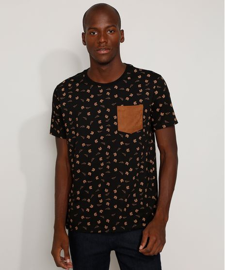 Camiseta-Masculina-Estampada-Floral-com-Bolso-em-Suede-Manga-Curta-Gola-Careca-Preta-9966703-Preto_1