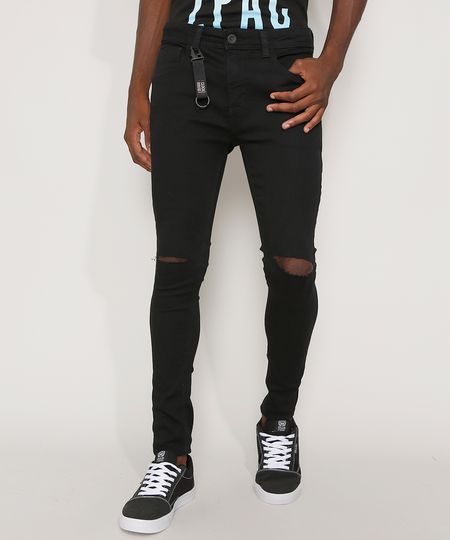 Calca-de-Sarja-Masculina-Super-Skinny-Cropped-com-Rasgo-no-Joelho-e-Chaveiro-Preta-9968745-Preto_1