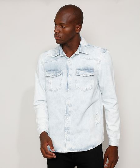Camisa-Jeans-Masculina-Overshirt-Comfort-Destroyed-Marmorizada-Manga-Longa-Azul-Claro-9968744-Azul_Claro_1 Camisa-Jeans-Masculina-Overshirt-Comfort-Destroyed-Marmorizada-Manga-Longa-Azul-Claro-9968744-Azul_Claro_1