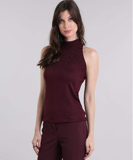 Regata-Feminina-em-Trico-com-Bordado-Gola-Redonda-Vinho-8873641-Vinho_1