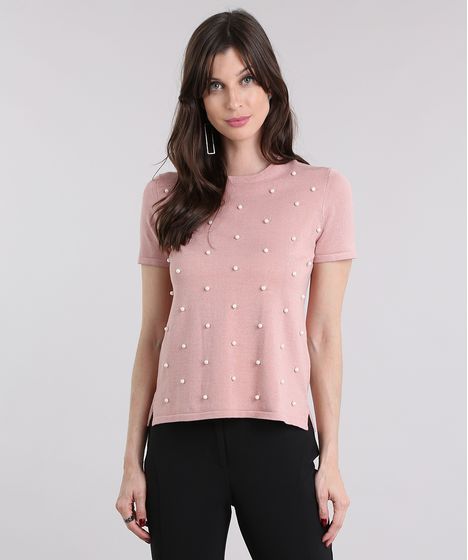Blusa Feminina Em Trico Com Perolas Manga Curta Gola Redonda Rose