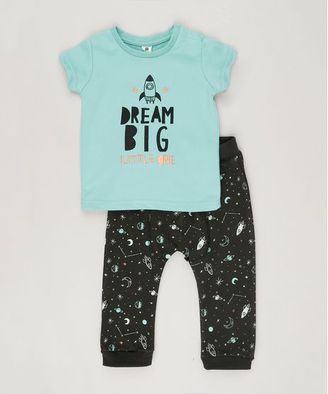Conjunto-Infantil--de-Camiseta-Manga-Curta-Verde-Agua---Calca-em-Moletom-Estampada-de-Foguetes-em-Algodao---Sustentavel-Preta-8866742-Preto_1