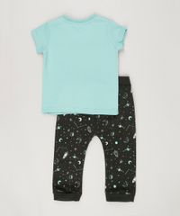Conjunto-Infantil--de-Camiseta-Manga-Curta-Verde-Agua---Calca-em-Moletom-Estampada-de-Foguetes-em-Algodao---Sustentavel-Preta-8866742-Preto_2