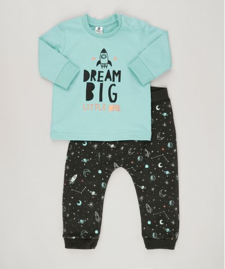 Conjunto-Infantil--de-Camiseta-Manga-Longa-Verde-Agua---Calca-em-Moletom-Estampada-de-Foguetes-em-Algodao---Sustentavel-Preta-8824528-Preto_1