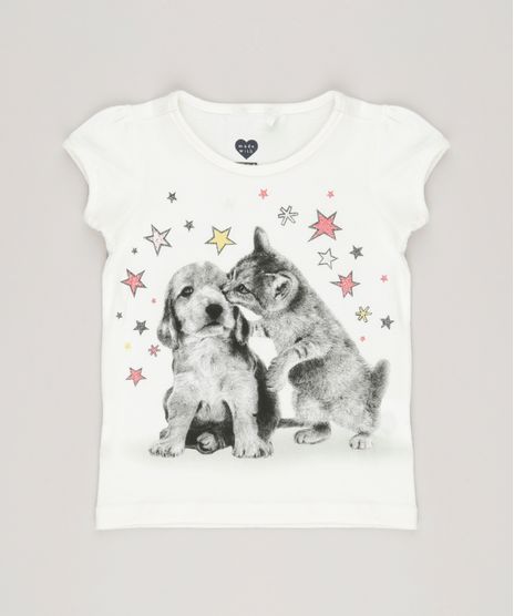 Blusa-Infantil--Cachorro-e-Gato-Decote-Careca-Manga-Curta-com-Glitter-em-Algodao---Sustentavel-Off-White-9034410-Off_White_1