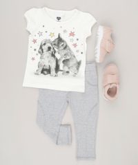 Blusa-Infantil--Cachorro-e-Gato-Decote-Careca-Manga-Curta-com-Glitter-em-Algodao---Sustentavel-Off-White-9034410-Off_White_3