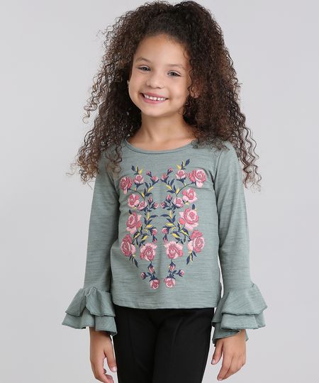 Blusa-Infantil-com-Estampa-Floral-e-Babados-Manga-Longa-em-Algodao---Sustentavel-Verde-Militar-9101546-Verde_Militar_1