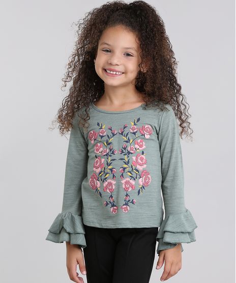 Blusa-Infantil-com-Estampa-Floral-e-Babados-Manga-Longa-em-Algodao---Sustentavel-Verde-Militar-9101546-Verde_Militar_1