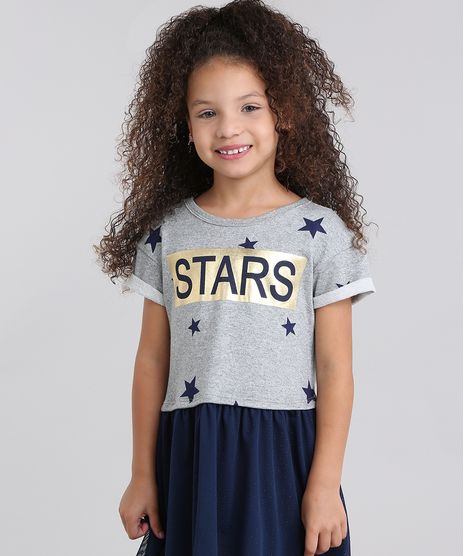 Vestido-Infantil--Estampado-de-Estrelas-com-Tule-Manga-Curta-Cinza-Mescla-9069674-Cinza_Mescla_1