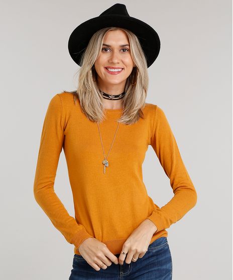 Sueter-Feminino-em-Trico-Manga-Longa-Gola-Redonda-Amarelo-Escuro-8840349-Amarelo_Escuro_1