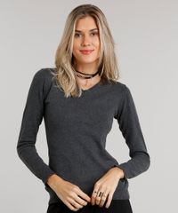 Sueter-Feminino-em-Trico-Manga-Longa-Gola-V-Cinza-Mescla-Escuro-8839909-Cinza_Mescla_Escuro_1