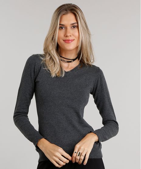 Sueter-Feminino-em-Trico-Manga-Longa-Gola-V-Cinza-Mescla-Escuro-8839909-Cinza_Mescla_Escuro_1