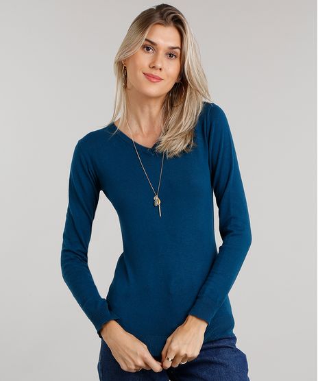 Sueter-Feminino-em-Trico-Manga-Longa-Gola-V-Azul-Petroleo-8839909-Azul_Petroleo_1
