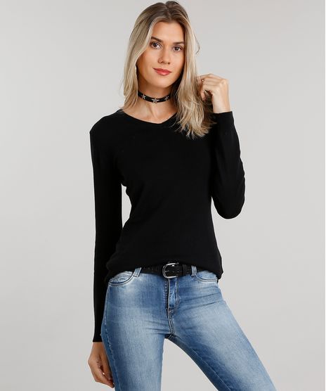 Sueter-Feminino-em-Trico-Manga-Longa-Gola-V-Preto-8839909-Preto_1