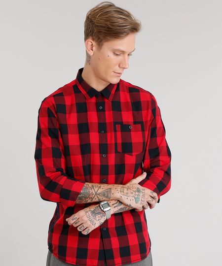 Camisa Masculina Xadrez Manga Longa Vermelha - cea