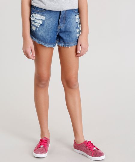 Short Jeans Infantil Destroyed Barra Desfiada Azul Claro - 10 Menor preço em Short Jeans Infantil Destroyed Barra Desfiada Azul Claro - 10