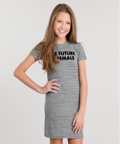 Vestido-Infantil--The-Future-Is-Female--Curto-Tshirt-Dress-Manga-Curta-Cinza-Mescla-9038963-Cinza_Mescla_1