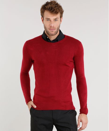 Sueter-Masculino-em-Trico-Manga-Longa-Gola-V-Vermelho-8848895-Vermelho_1