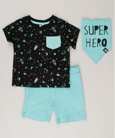 Conjunto-Infantil-com-Camiseta-Estampada-de-Foguetes-Manga-Curta-Preta---Bermuda-em-Moletom---Babador---Super-Hero--Verde-8878379-Verde_1