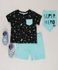 Conjunto-Infantil-com-Camiseta-Estampada-de-Foguetes-Manga-Curta-Preta---Bermuda-em-Moletom---Babador---Super-Hero--Verde-8878379-Verde_3