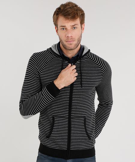 Jaqueta-Masculina-em-Trico-Listrado-com-Capuz-Manga-Longa-Preta-8848965-Preto_1