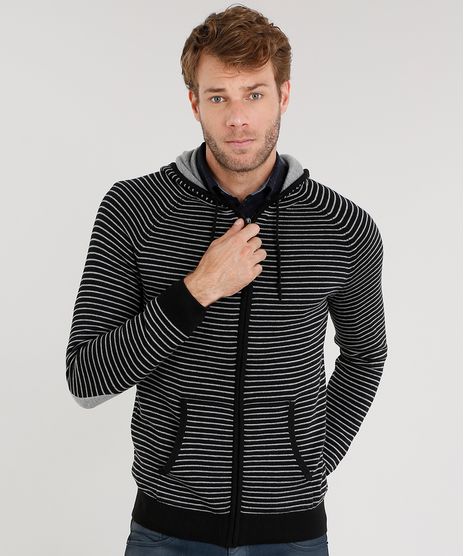 Jaqueta-Masculina-em-Trico-Listrado-com-Capuz-Manga-Longa-Preta-8848965-Preto_1