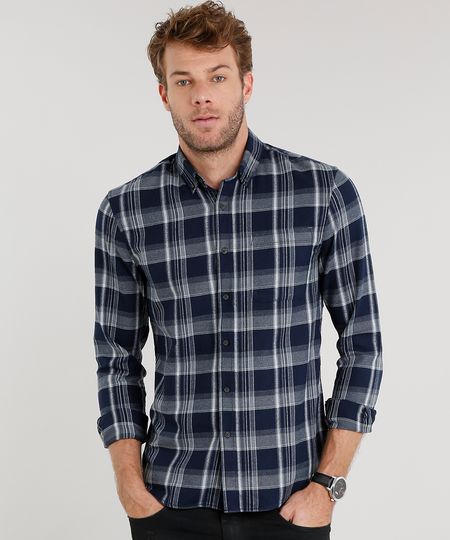 Camisa-Masculina-Comfort-Xadrez-em-Flanela-Manga-Longa-Azul-Marinho-8841847-Azul_Marinho_1
