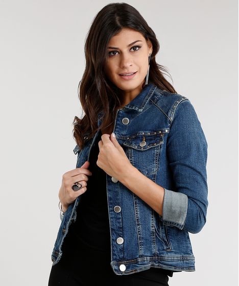 Jaqueta Jeans Feminina Com Tachas Manga Longa Azul Escuro Cea