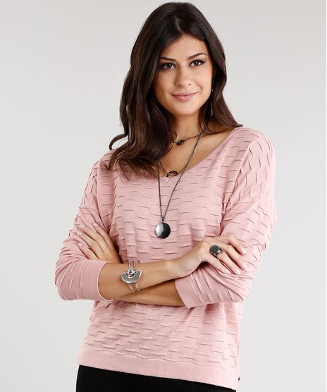 Sueter-Feminino-em-Trico-Texturizado-manga-Longa-Decote-V-Rose-8831858-Rose_1
