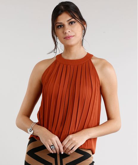 Regata-Feminina-Halter-Neck-com-Pregas-Decote-Redondo-Laranja-Escuro-8932849-Laranja_Escuro_1