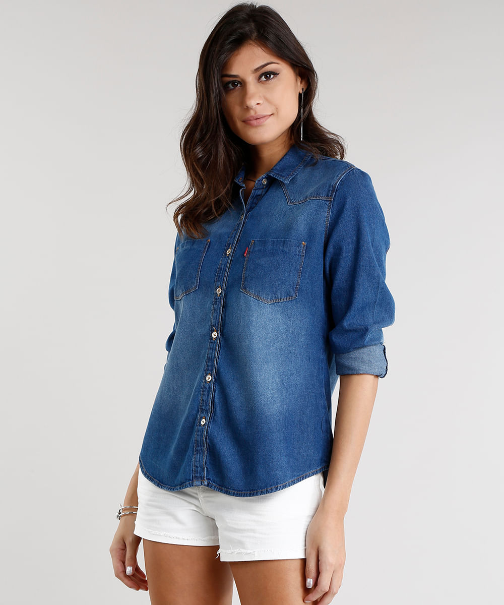 camisa longa jeans feminina