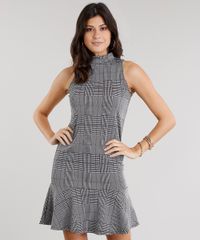 Vestido-Feminino-Xadrez-Gola-Alta-Curto-com-Babado-Sem-Manga-Cinza-9064585-Cinza_1
