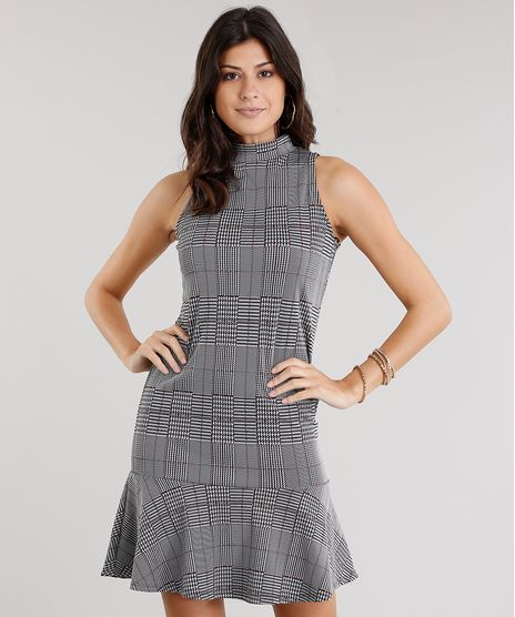 Vestido-Feminino-Xadrez-Gola-Alta-Curto-com-Babado-Sem-Manga-Cinza-9064585-Cinza_1