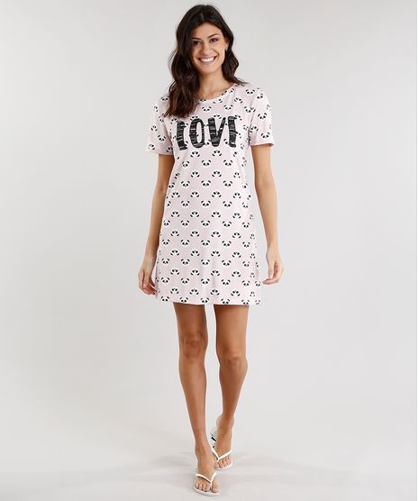 Camisola-Feminina--Love--Estampada-de-Panda-Manga-Curta-Rosa-Claro-9119062-Rosa_Claro_1