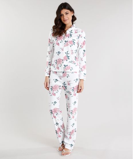 Pijama-Feminino-em-Fleece-Estampado-Floral-Manga-Longa--Branco-8875834-Branco_1