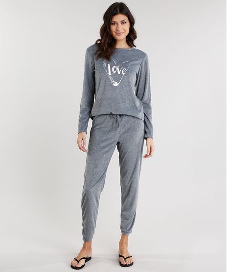 Pijama-Feminino--Love--em-Plush-Manga-Longa-Decote-Redondo-Cinza-Mescla-Escuro-8875822-Cinza_Mescla_Escuro_1