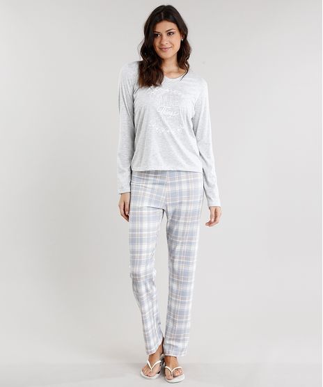 Pijama-Feminino-Xadrez-Manga-Longa-Decote-V-Cinza-Mescla-Claro-9119098-Cinza_Mescla_Claro_1