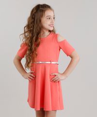 Vestido-Infantil-Open-Shoulder-Texturizado-com-Cinto-Manga-Curta-Decote-Redondo-Coral-9041149-Coral_1