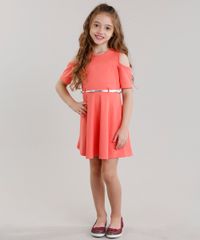 Vestido-Infantil-Open-Shoulder-Texturizado-com-Cinto-Manga-Curta-Decote-Redondo-Coral-9041149-Coral_3