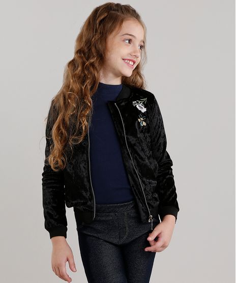 Jaqueta-Infantil-Bomber-em-Veludo-com-Bordado-Floral-Manga-Longa-Preta-9048073-Preto_1