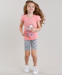 Conjunto-Infantil-de-Blusa-Unicornio-Manga-Curta-Rosa---Bermuda-Estampada-em-Algodao---Sustentavel-Cinza-Mescla-9048458-Cinza_Mescla_1